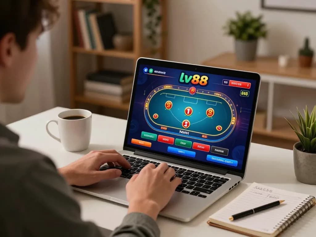 Player engaging in a strategic poker game on lv88 from a cozy home office setup, fostering responsible gaming practices
