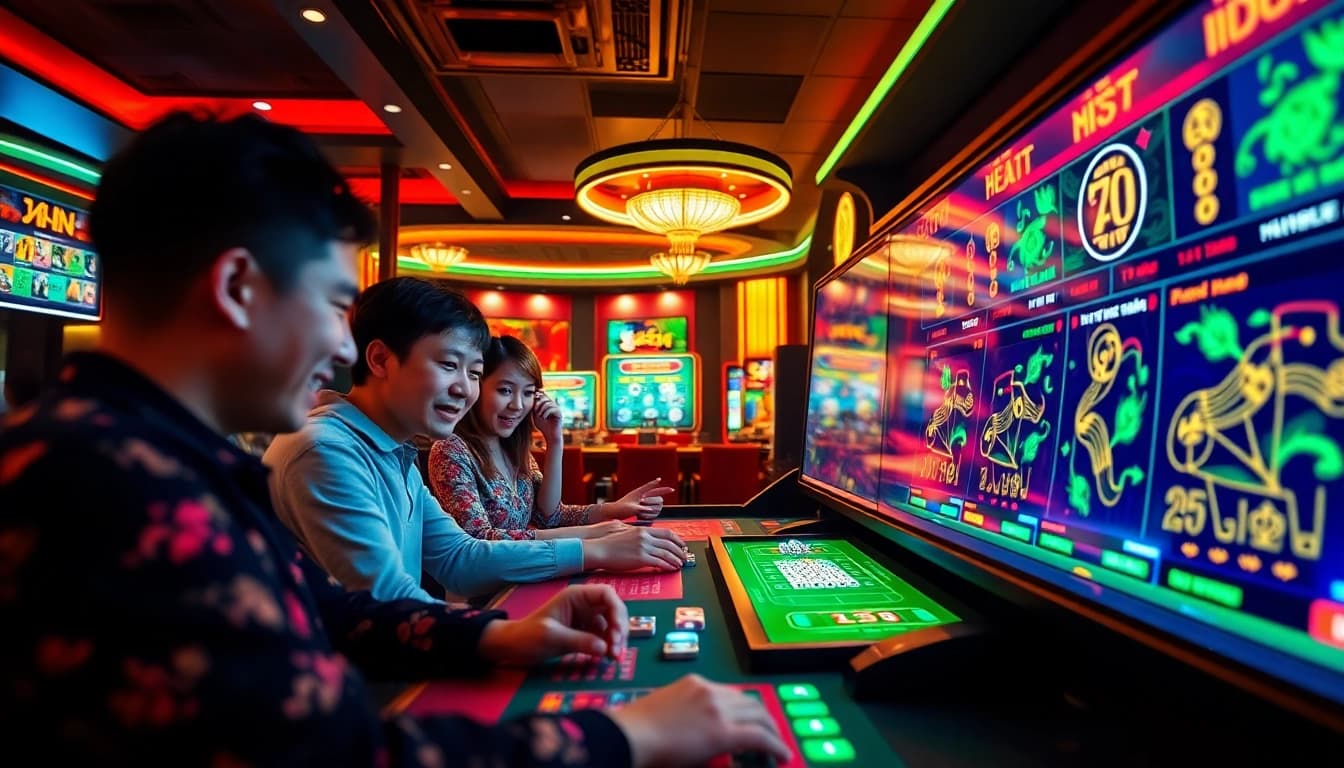 Tài xỉu online players enjoying a thrilling game round in a vibrant online casino setting