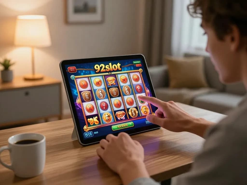 92slot user spinning vibrant slot reels on mobile app, enjoying an exciting gaming atmosphere.