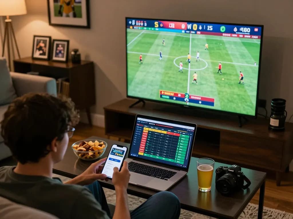 Person placing bets on sports with QQ88 app in engaging home environment, showing excitement and strategy.