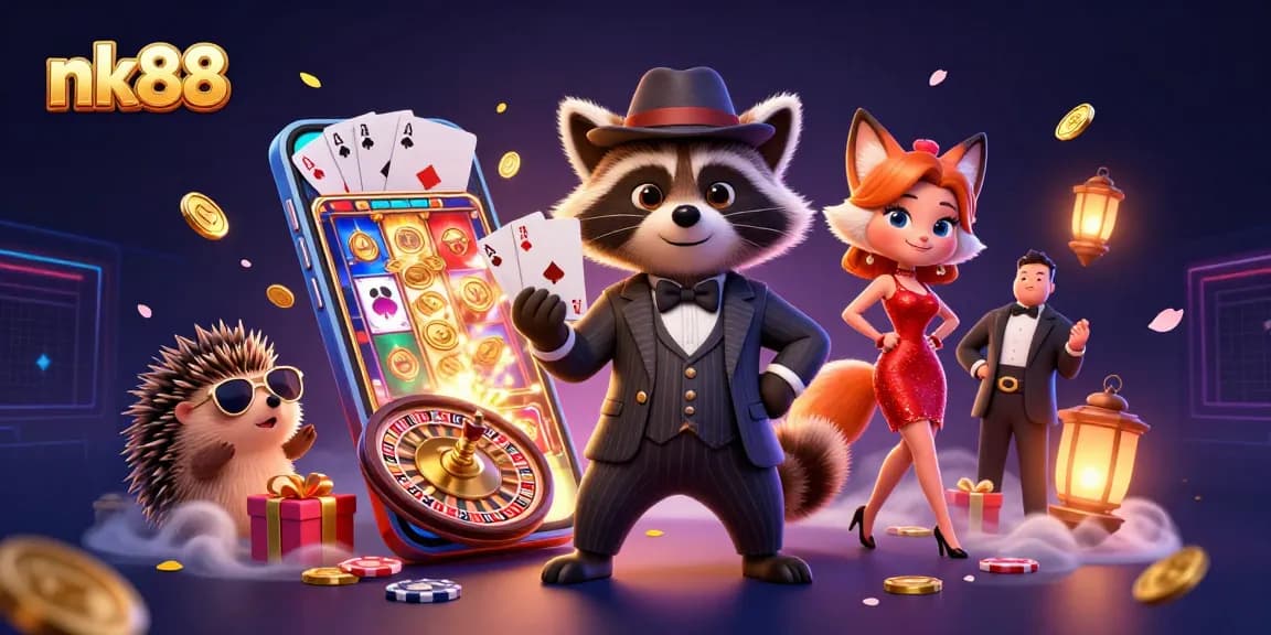 Experience thrilling gameplay as nk88 introduces vibrant casino elements with charismatic characters in a stunning 3D scene.