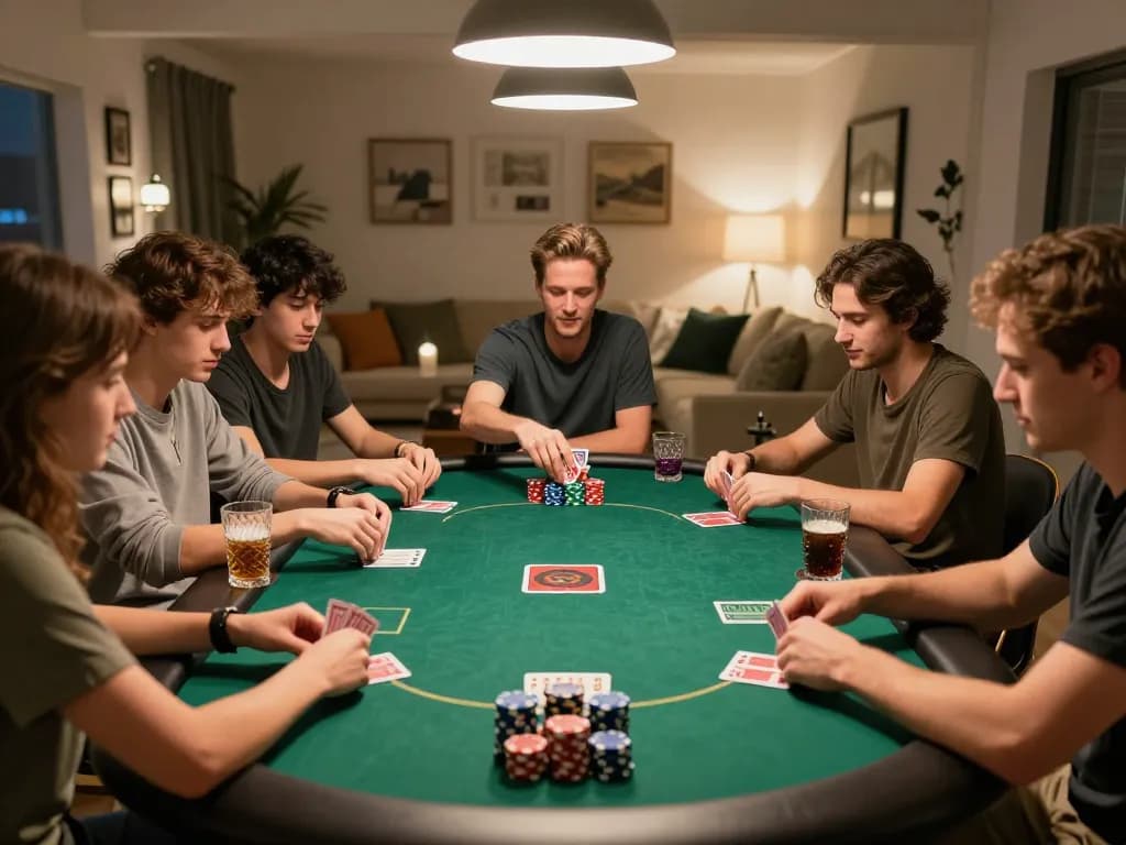 Friends enjoying a thrilling game of poker at home, playing 258bet with excitement around the table.