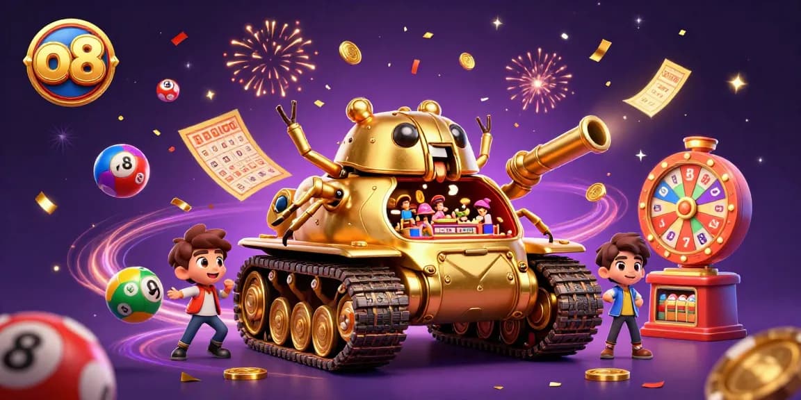 Experience the excitement of O8's miniature casino inside a golden beetle tank, filled with vibrant gambling elements.