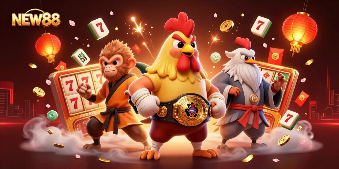 Engage in the excitement of NEW88 with vibrant casino elements and dynamic characters.