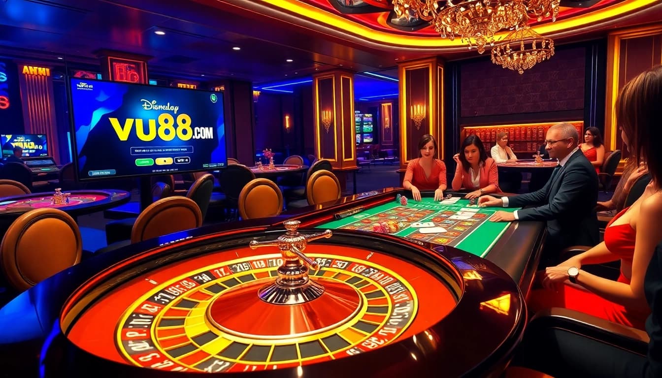 Experience the thrill of gambling at vu88.com with an engaging casino scene featuring roulette, players, and vibrant decor.