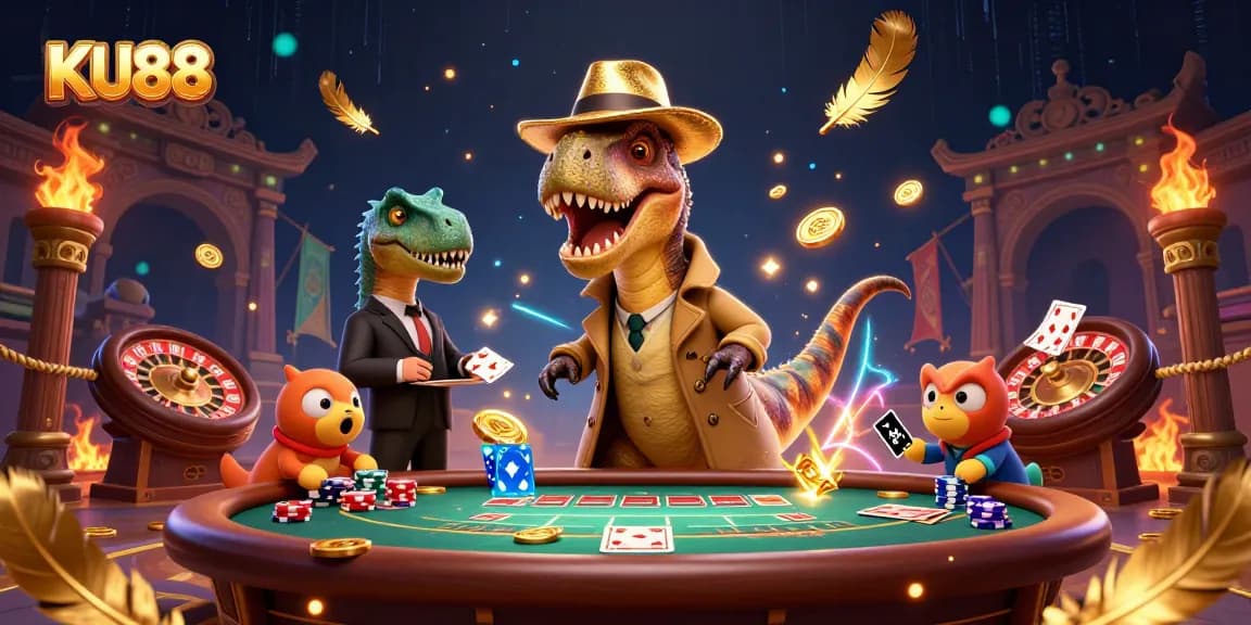 Experience thrilling gameplay at KU88 with a humorous velociraptor card counter and a suspicious stegosaurus pit boss.