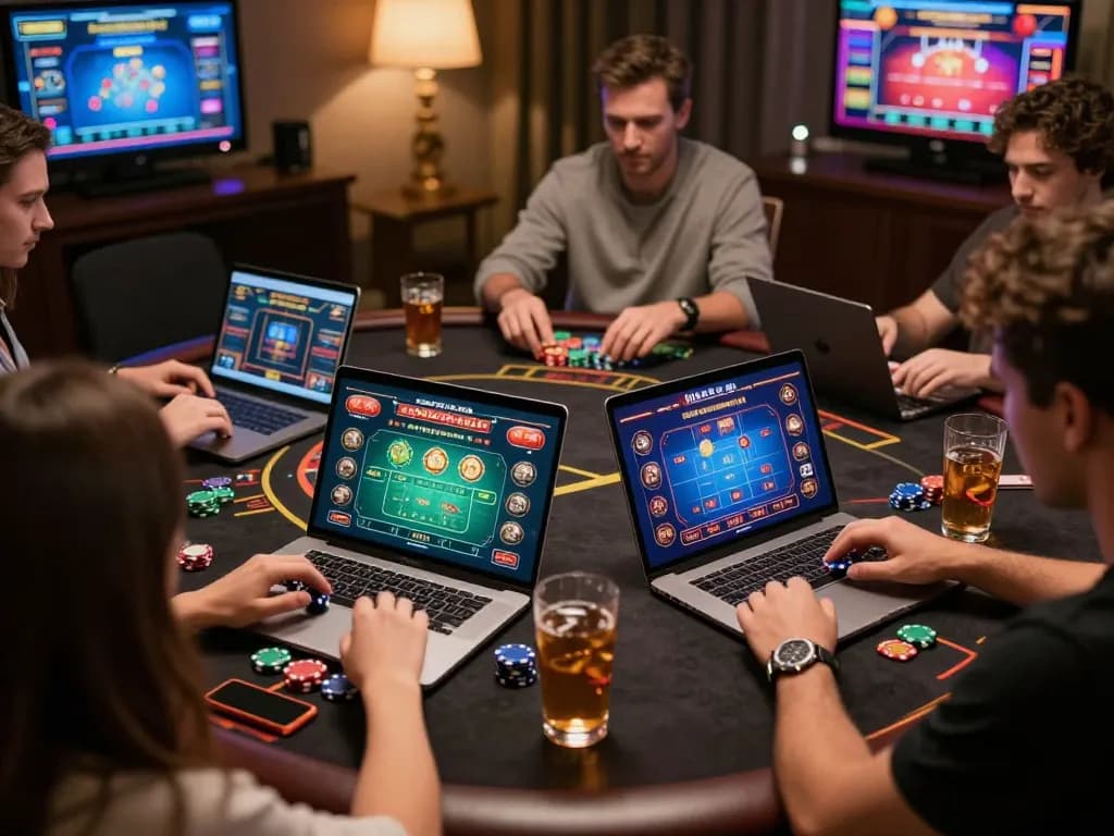 Engaged players using u888 for online casino gaming, showcasing vibrant game interfaces and cozy atmosphere.