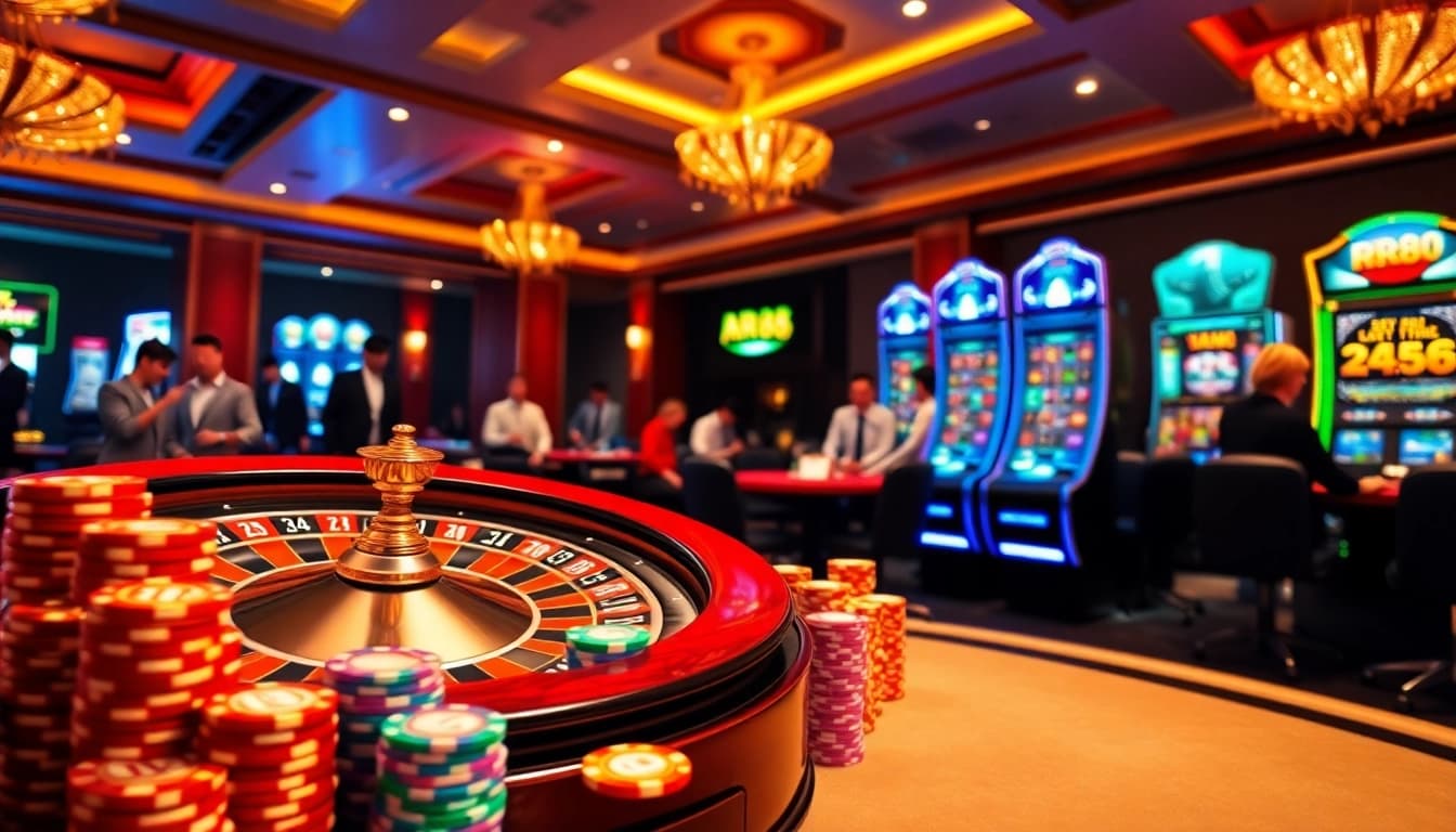 Engaging in high-stakes gameplay at RR88's luxurious casino, featuring vibrant roulette and poker chips.