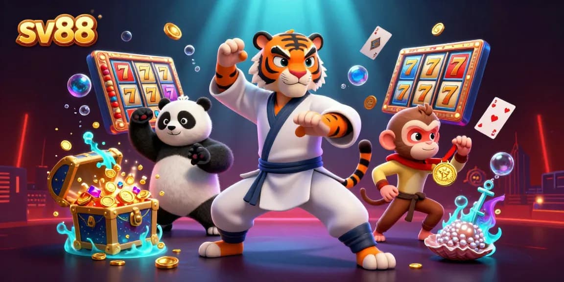 Witness sv88's exciting slots with a kung fu tiger, panda, and mischievous monkey in an underwater treasure scene.