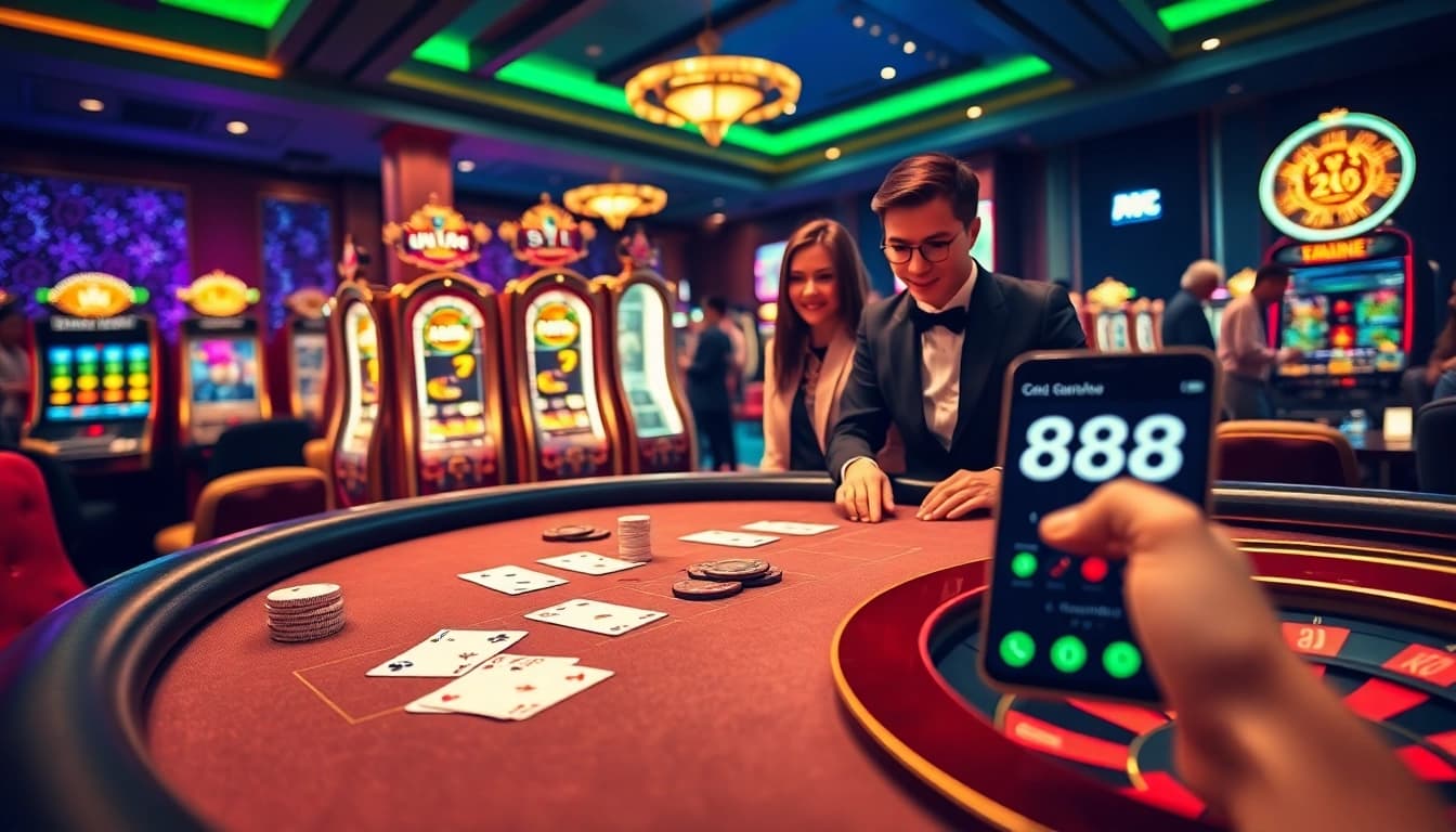 Engage in thrilling gameplay with the 888new tải app showcased in a luxurious casino backdrop.