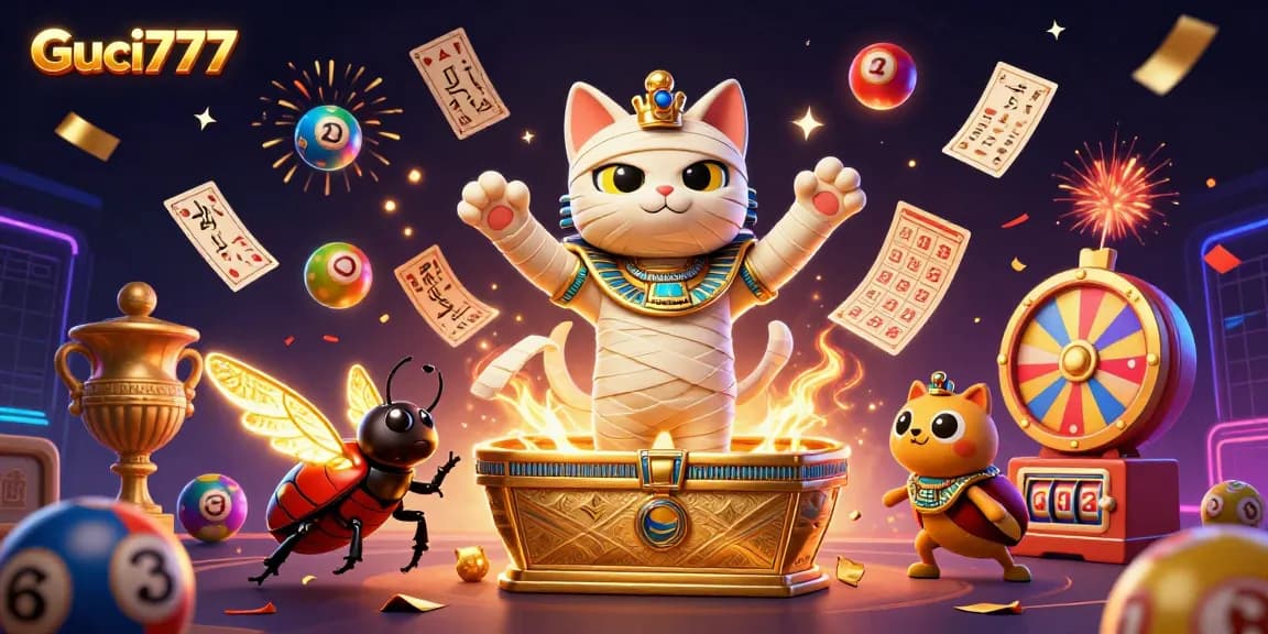 Guci777 menampilkan mumi kucing Mesir yang beraksi di casino, dikelilingi bola lotere berwarna.