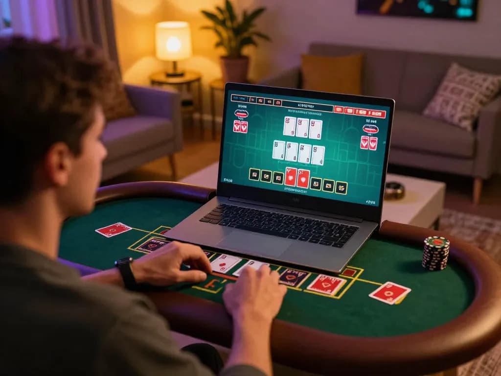 Player engaging with SHBET live dealer game on laptop in cozy home setting, showcasing online gambling excitement.