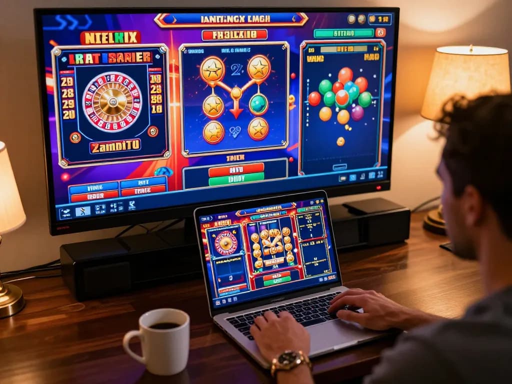 Player immersing in GO8 online casino gaming with vibrant screen showing various games while enjoying a cozy atmosphere