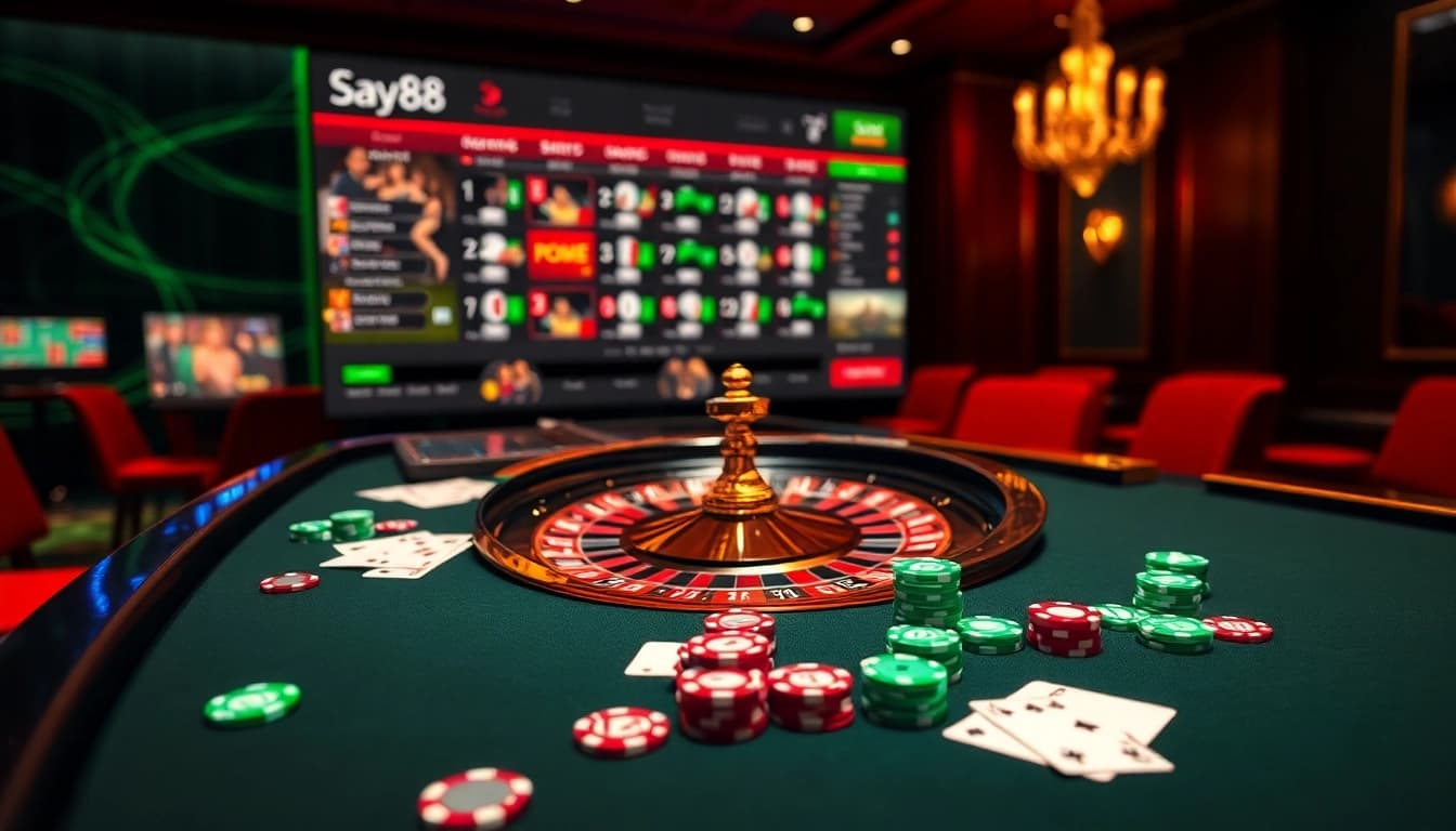 SAY88 offers an exciting casino atmosphere with vibrant poker chips and a roulette wheel.