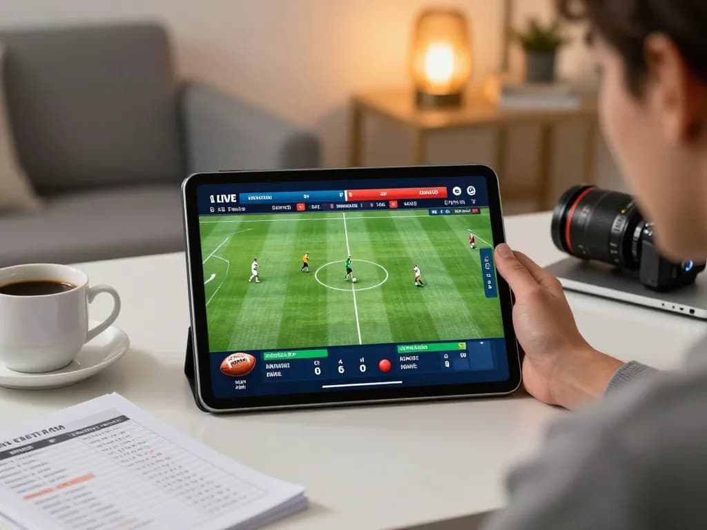 F8BET betting action on a tablet showcasing live sports scores in a modern home office.