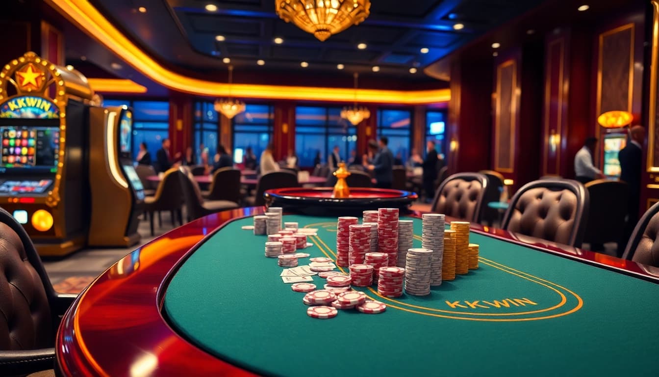 Exciting kkwin casino scene with a lively gaming table, poker chips, and roulette wheel.