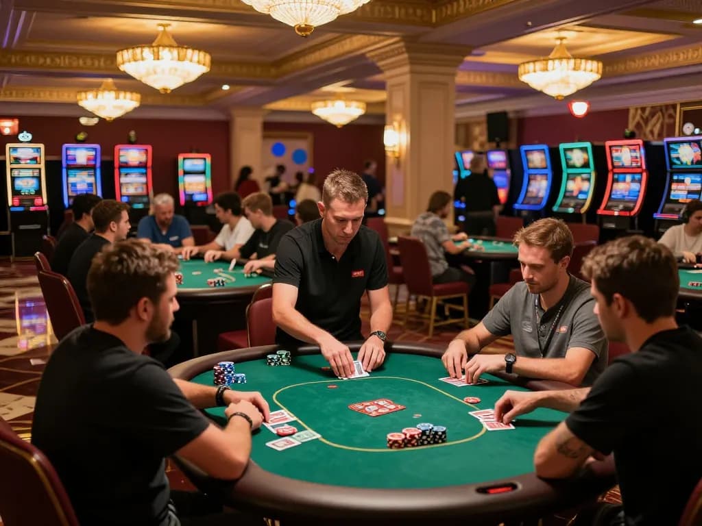 Engaged players strategizing at a poker table in an upscale casino setting with 789win 37 focus.