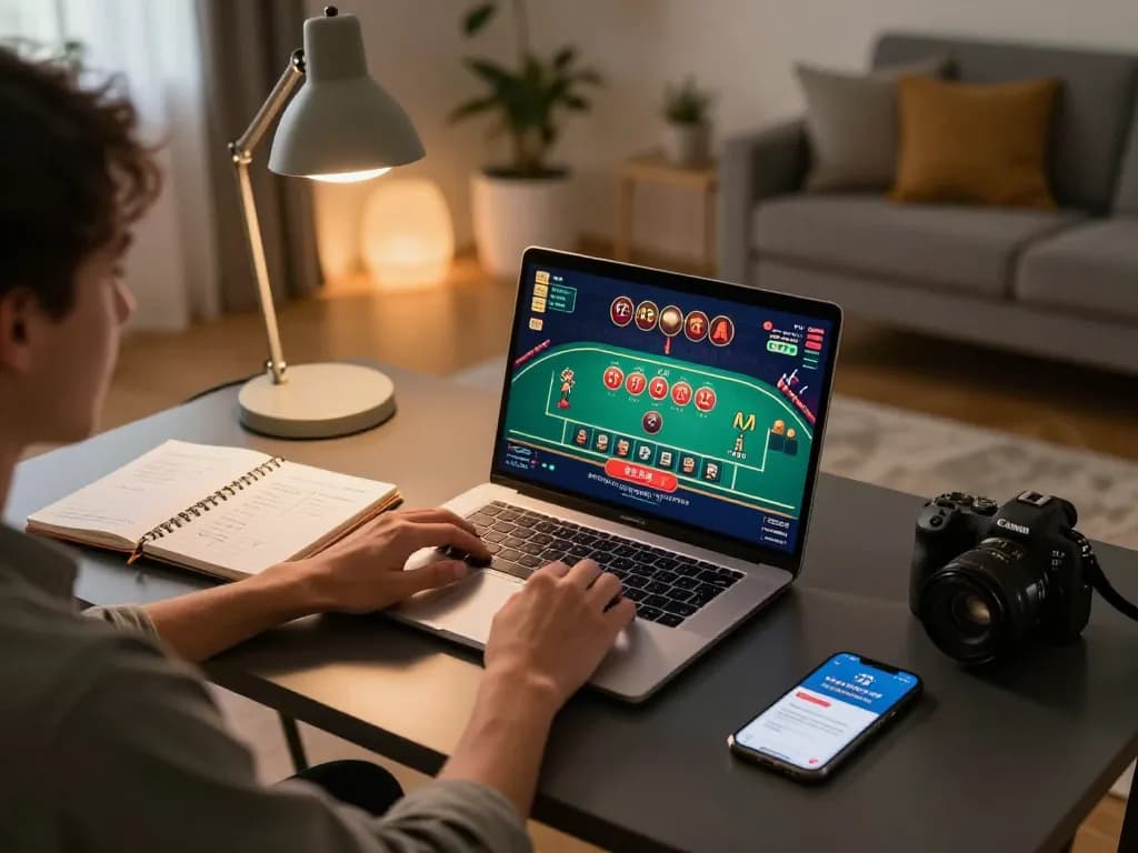 B52Club gaming setup with a player engaging in live baccarat, highlighting online casino strategy.