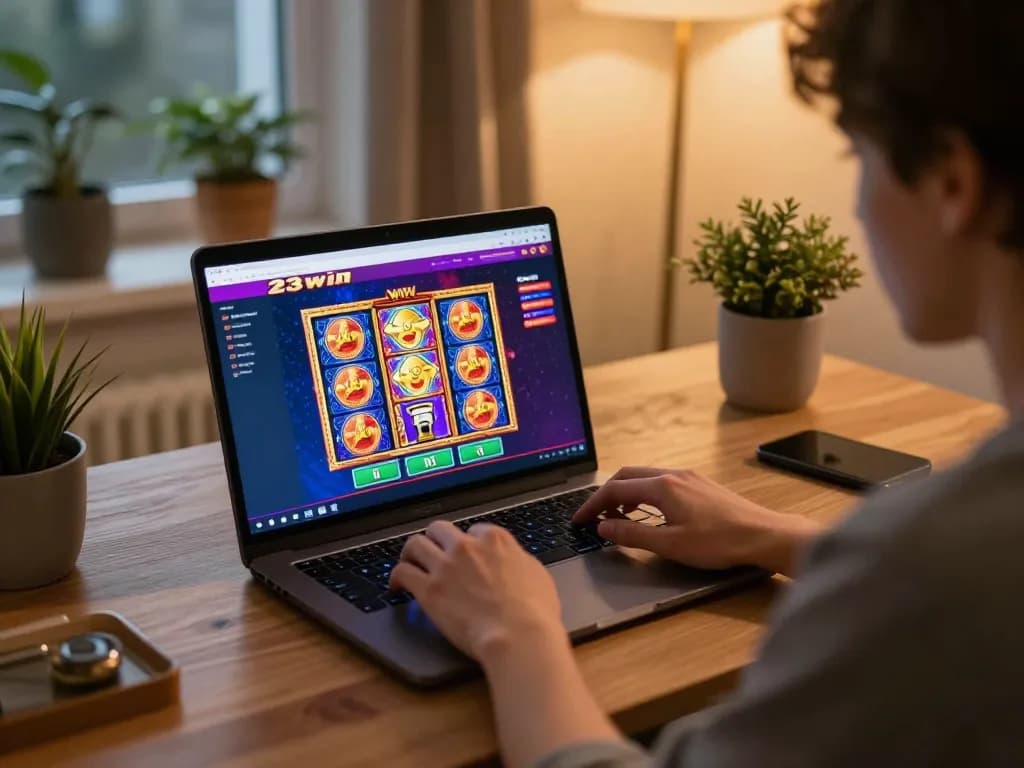 Engaging gameplay at trang chủ 23win with colorful slot graphics on a cozy desk setup.