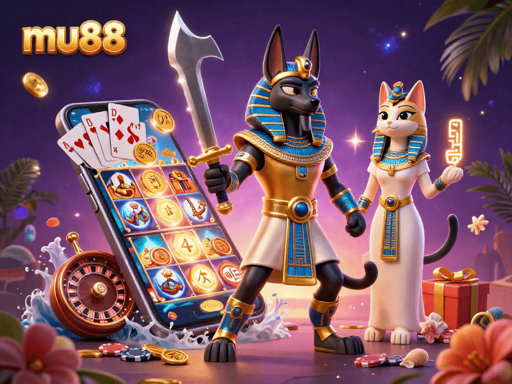 Play exciting slots at mu88 with Anubis and Bastet in a vibrant casino illustration.