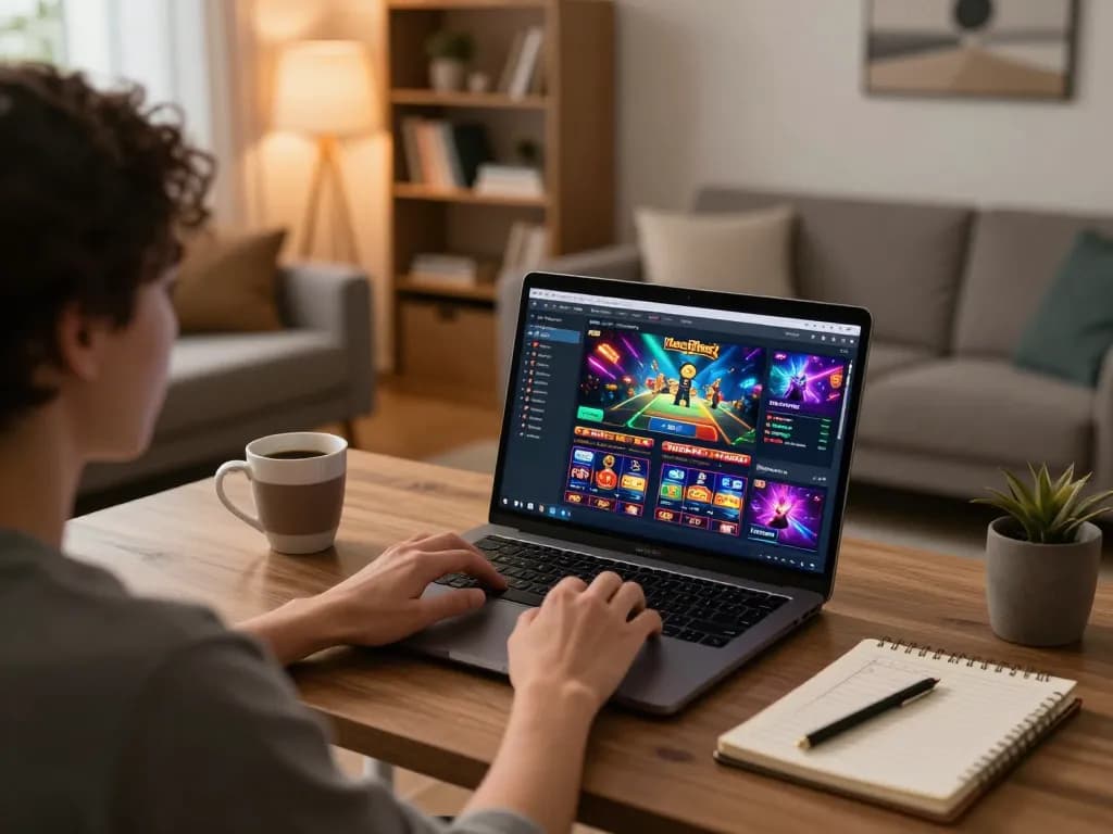 Person engaged in online nhacaiuytinn gaming at home, showcasing laptop with strategy notes.