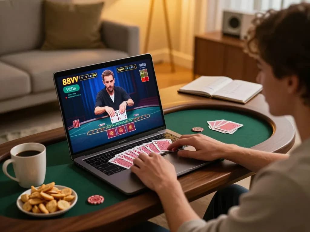 Engaging with 88VV online blackjack from a cozy home setup, showcasing strategic play