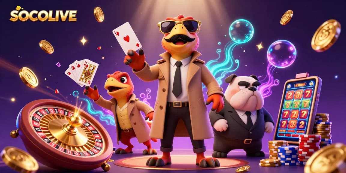 SOCOLIVE showcases a fun scene with raptors in a trench coat entering a casino, surrounded by vibrant gambling elements.