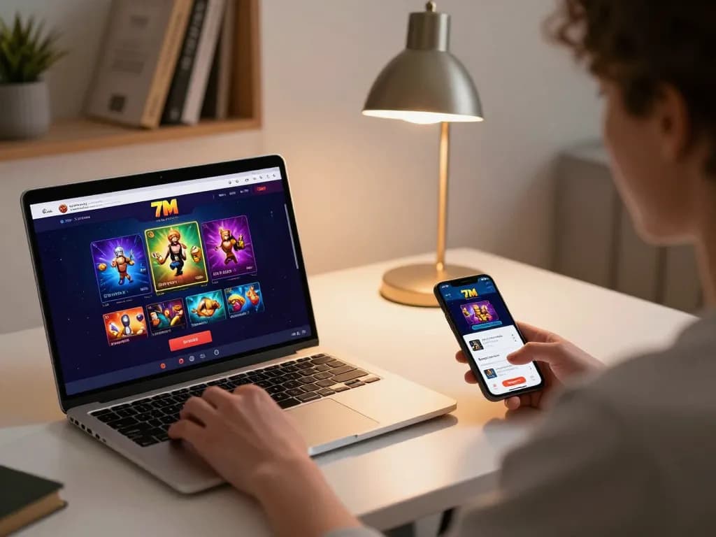 Play exciting casino games on https://7m.us.com/ from a cozy home office setup with dynamic gaming atmosphere.
