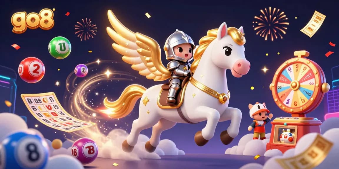 Engage with go8's thrilling lottery action as a celestial horse and knight gallop through a vibrant gaming scene.