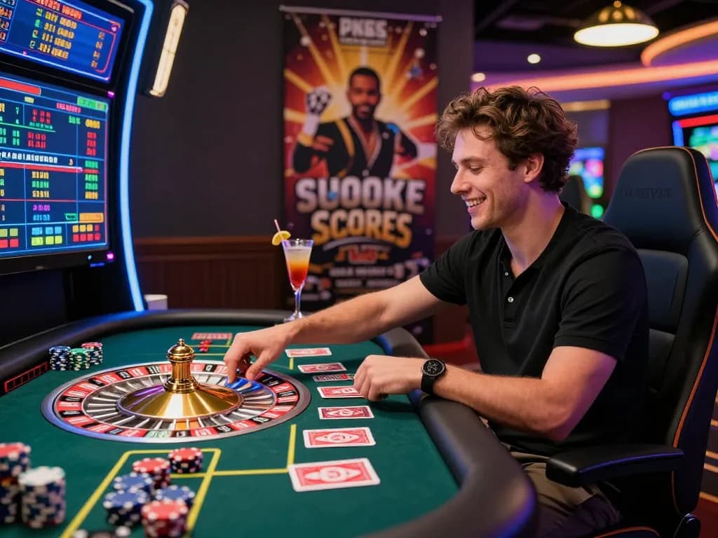 Exciting online gaming scene showcasing MM88 player engaged with roulette, colorful chips, and vibrant atmosphere.