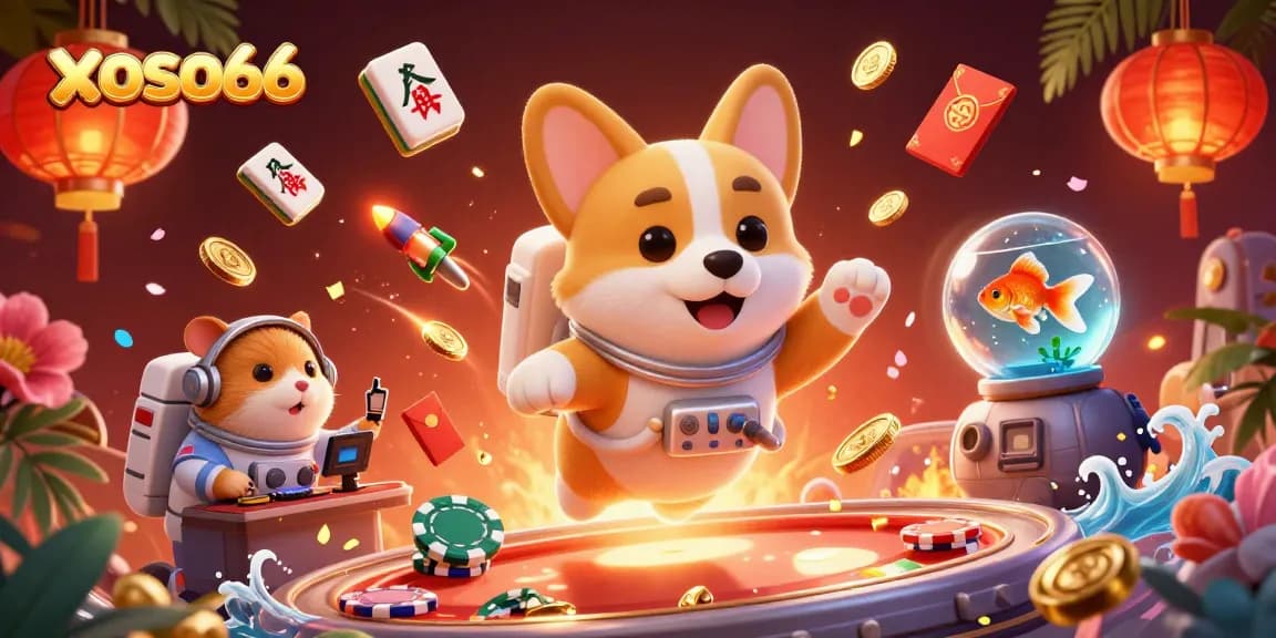 Experience slot action at xoso66 with a vibrant, animated casino scene featuring playful characters and dynamic gaming elements.