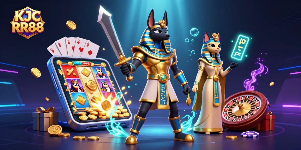 Experience dynamic gaming with KJC RR88 featuring ancient Egyptian warriors in a vibrant casino scene.