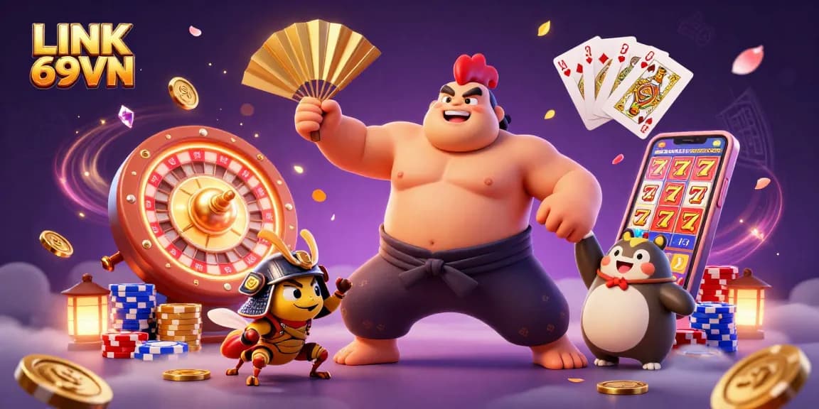Engage with LINK 69VN in a rich 3D casino scene featuring a sumo wrestler, cricket, and tanuki amidst dazzling game elements.