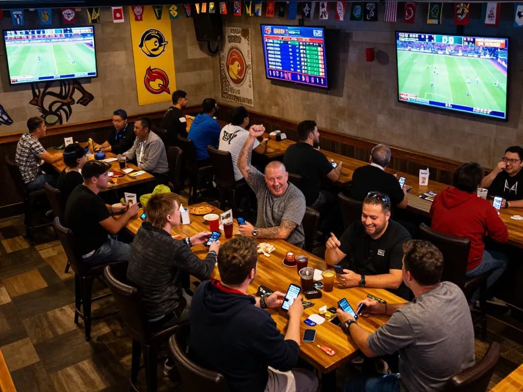 Engaged sports fans reviewing kèo nhà cái 5 odds in a lively sports bar atmosphere.