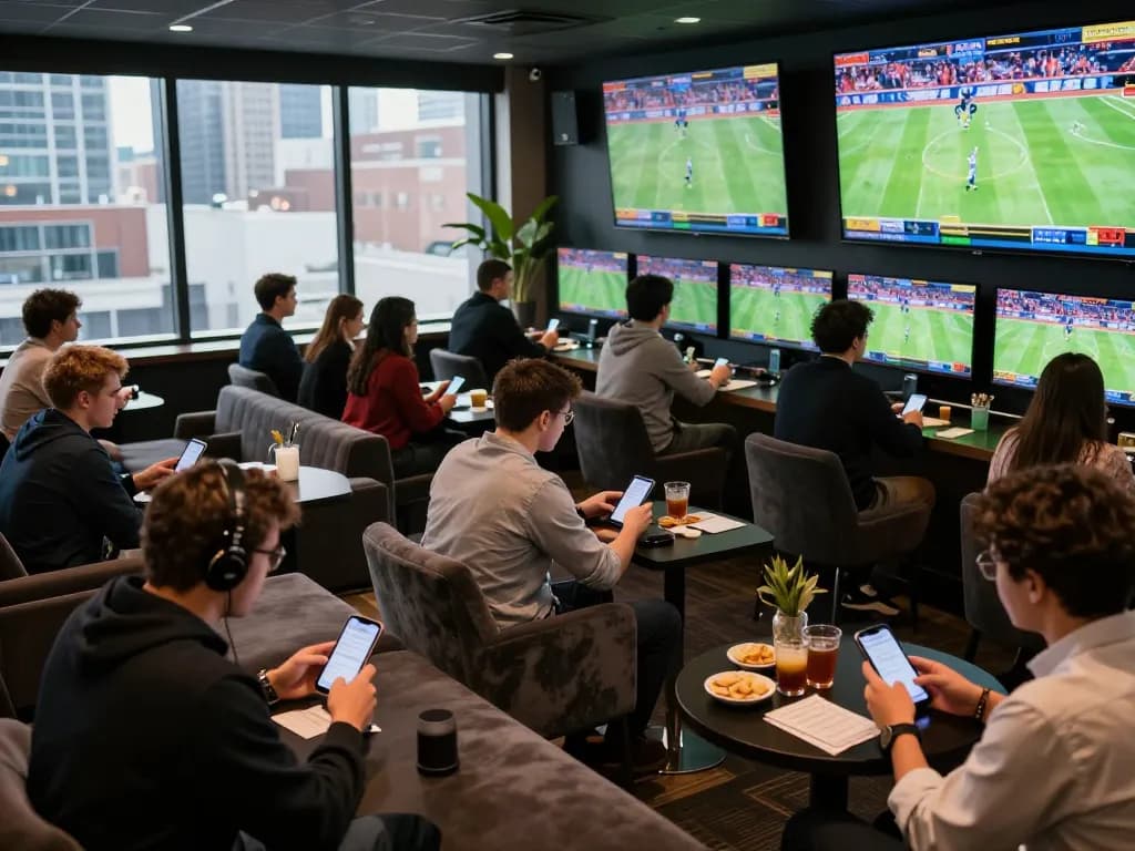 MM88 sports betting enthusiasts placing bets in a lively lounge