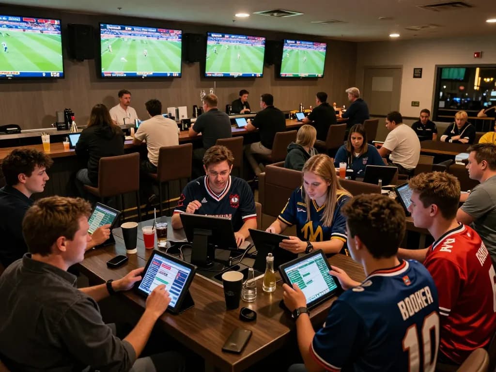 Bsport enthusiasts engaged in sports betting, analyzing odds in a modern lounge setting.