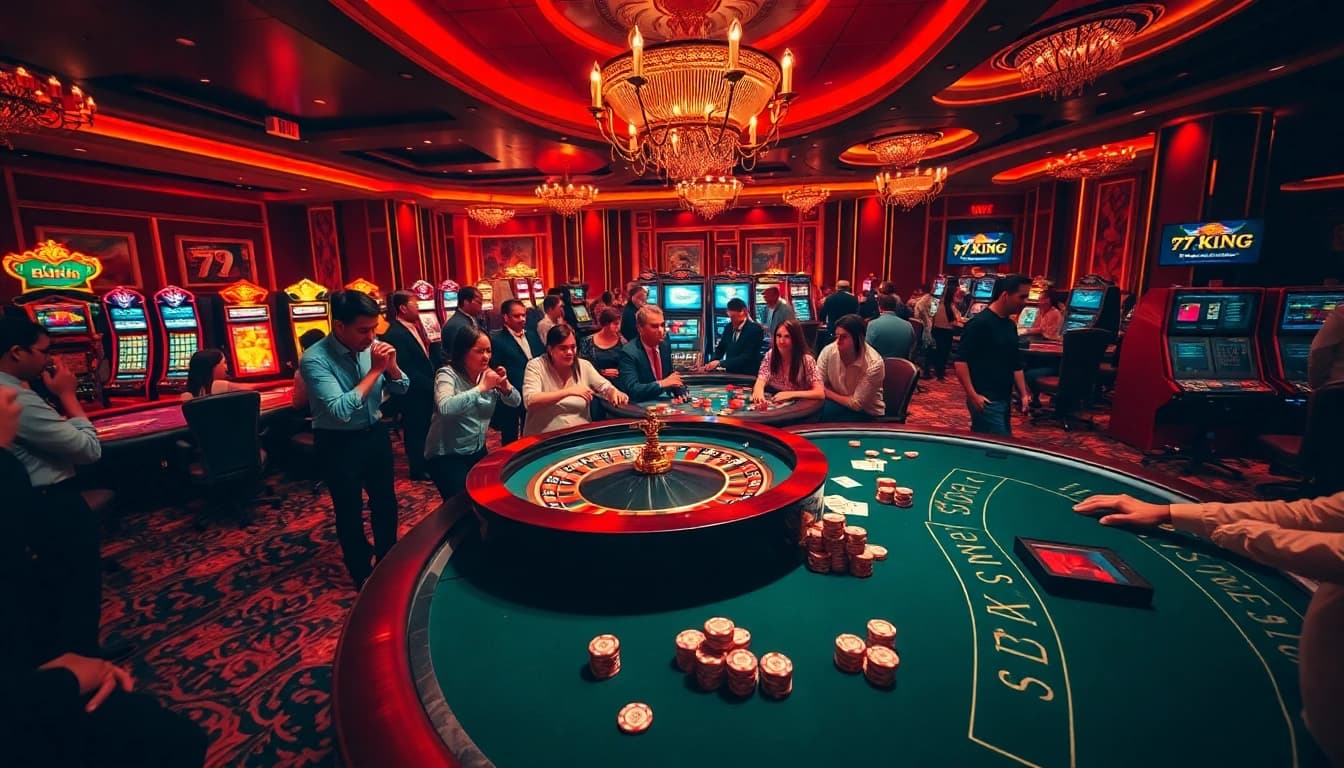 Players enjoying casino excitement at 79KING with roulette and poker tables in a luxurious setting.