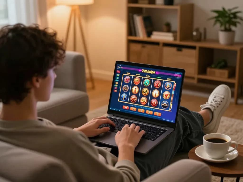 Engaging in online slots at 789clubgo with a laptop in a cozy living room setting.