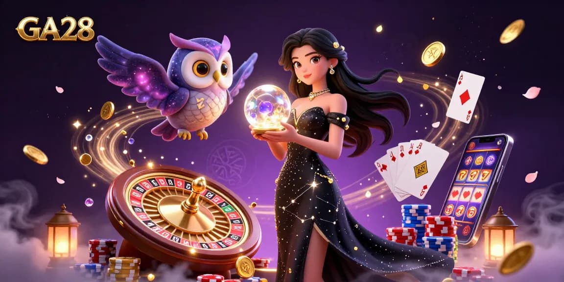 Experience the magic of GA28 with a stunning woman, owl, coins, and casino symbols.