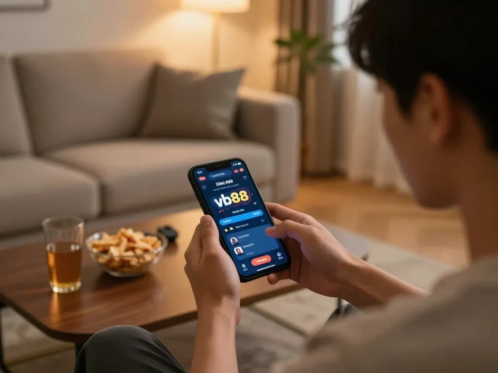 Engaging mobile gaming experience with vb88 link vào on screen in a cozy home setting.