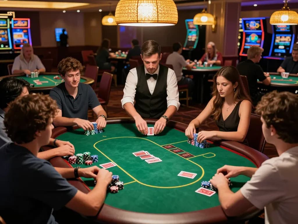 Hitclub players thrillingly engage in intense poker game at a lively casino table.