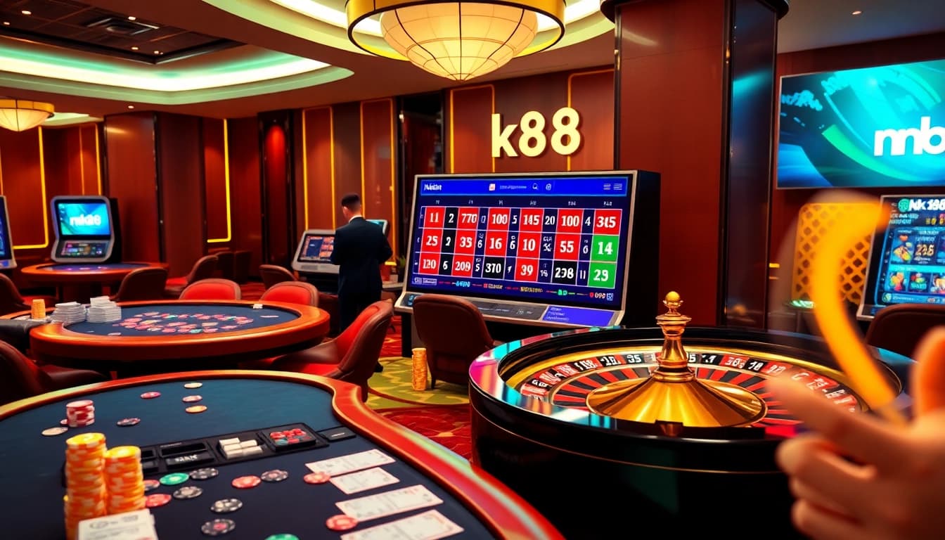 Experience the excitement of nk88 with an engaging casino scene featuring vibrant slot machines and premium tables.