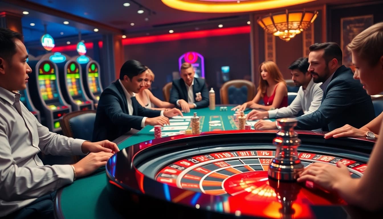 8DAY casino scene with players excitedly betting at a luxurious gaming table showcasing cards and chips.