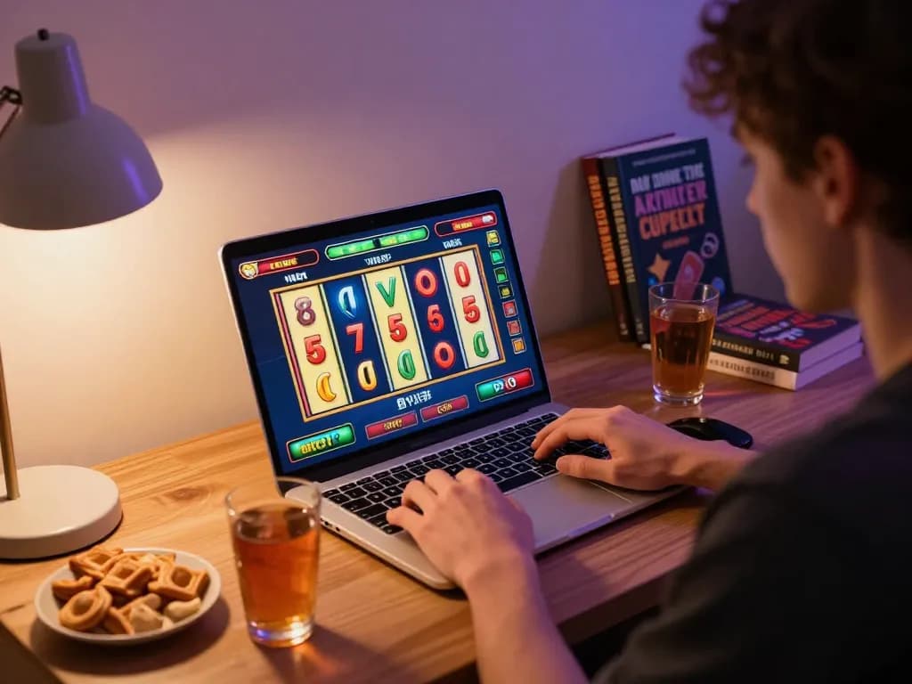 Nohu90 player enjoying an online slot game at home, showcasing excitement and strategy.