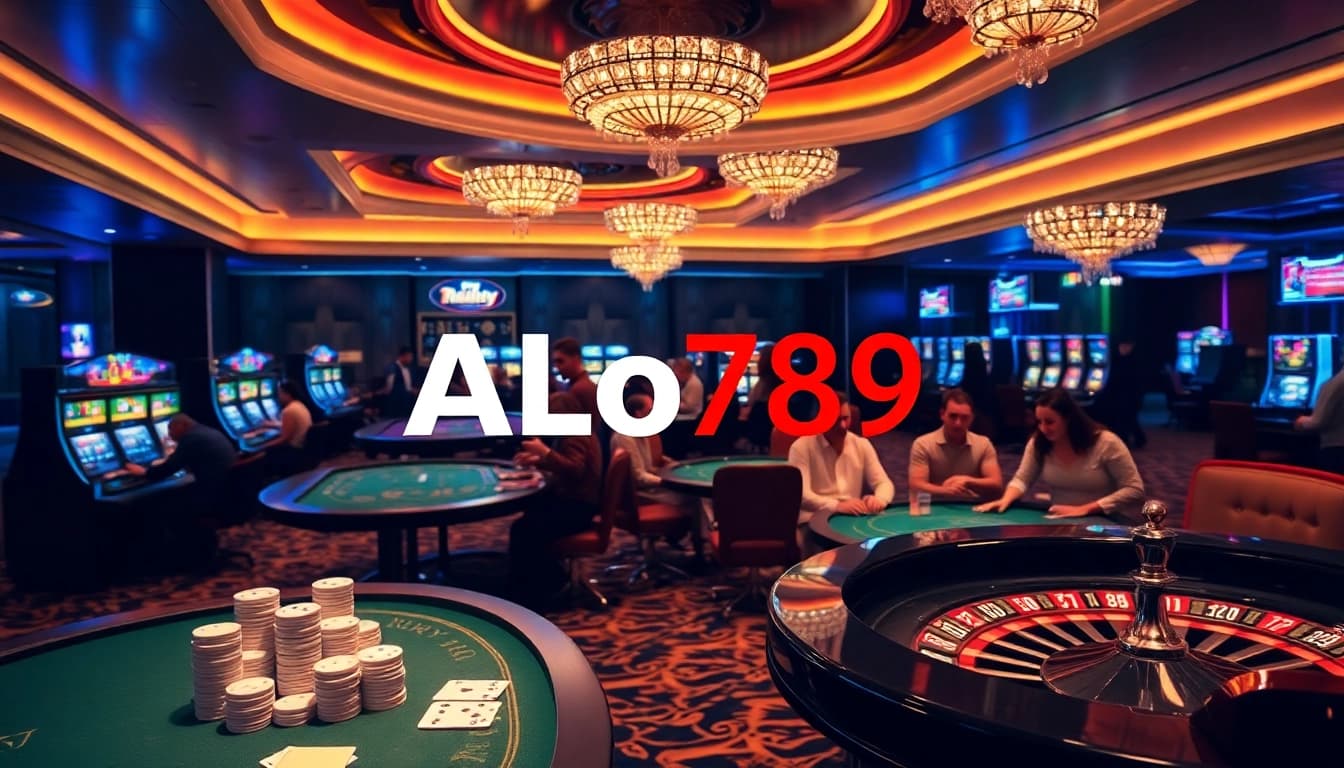 Players enjoying high-stakes poker and roulette with ALo789 branding at a luxurious casino.