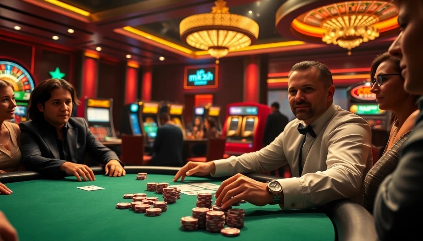 Players engaging in high-stakes poker at mk8.sh inspired luxury casino.