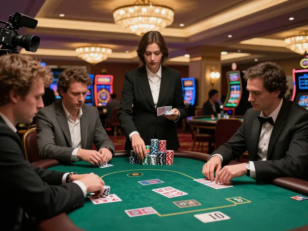 Players strategize during a high-stakes poker game at lc88 casino, showcasing chips and cards in an elegant setting.