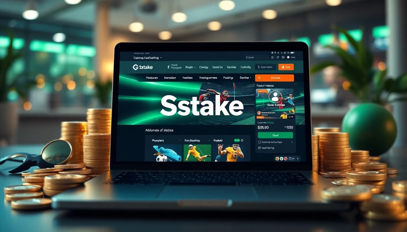 הגדרת הימורים מקוונים המציגה את פלטפורמת Stake סוכן עם מטבעות קריפטו ופריטי הימור.