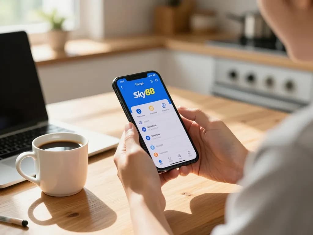 Tải app Sky88 interface shown on smartphone, highlighting mobile gaming experience in a cozy kitchen.