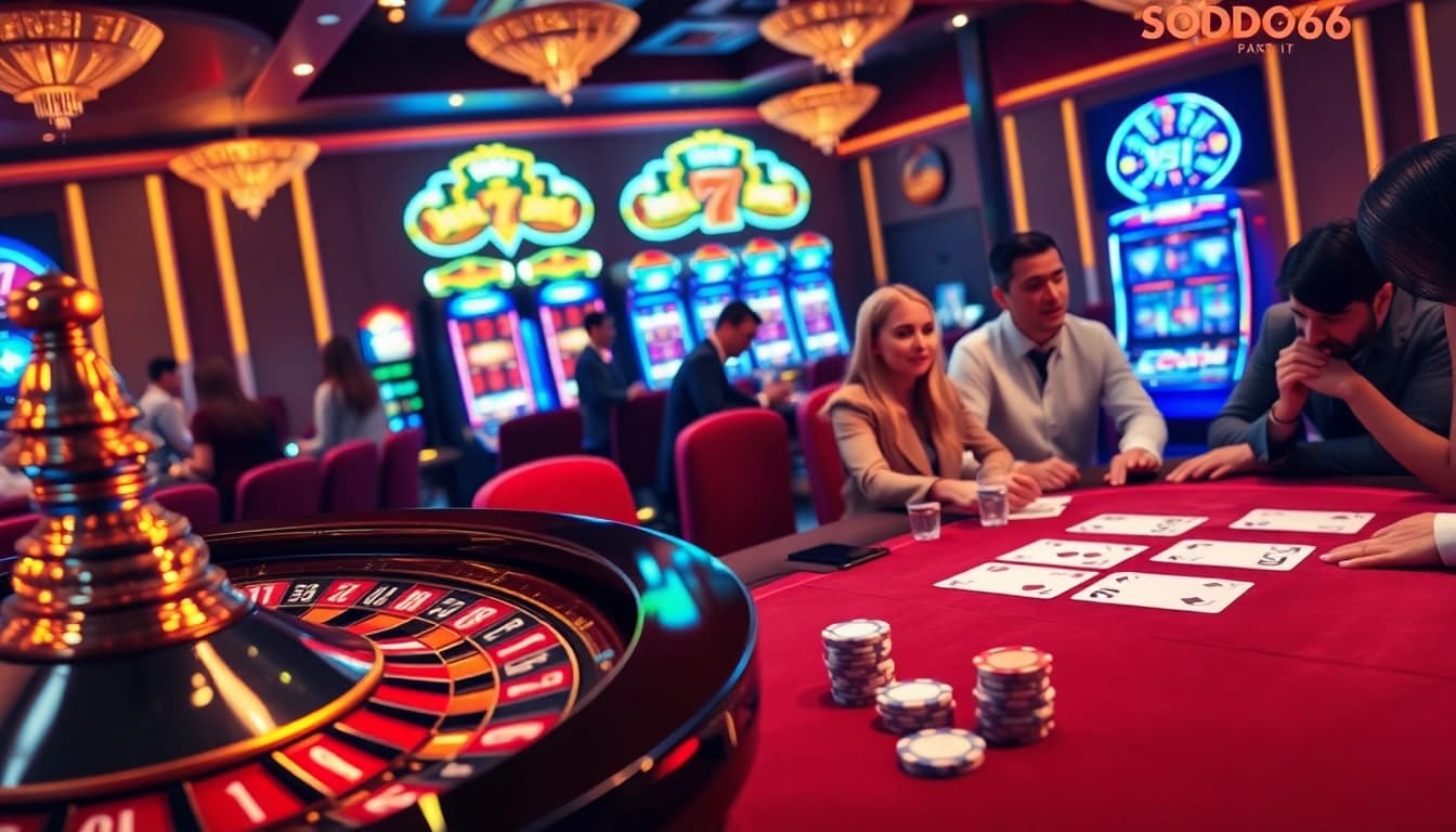 SODO66 casino scene showcasing players at roulette, poker, and slots in an engaging atmosphere
